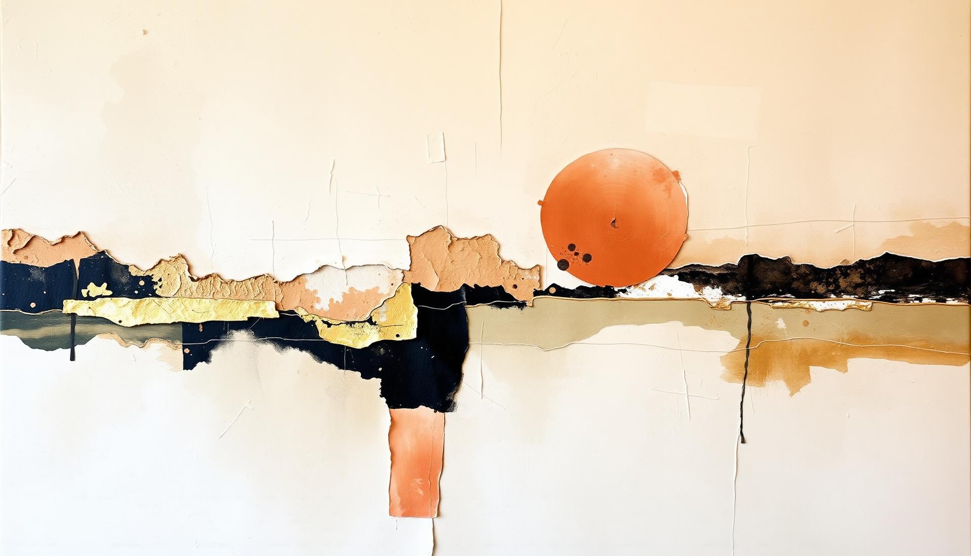 Mixed-media artwork in warm cream, terracotta and gold tones